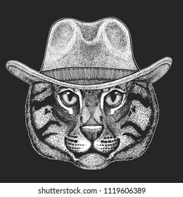 Cat. Wild west. Traditional american cowboy hat. Texas rodeo. Print for children, kids t-shirt. Image for emblem, badge, logo, patch.