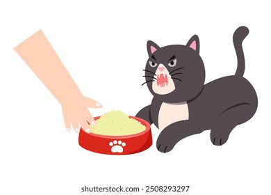 cat will attack hand to protect it food . rabies prevention concept