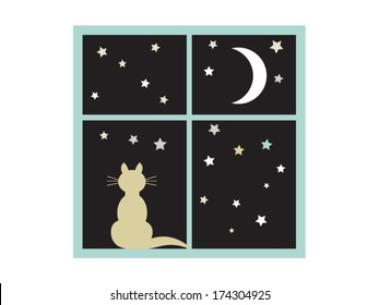 Cat in a window against stars and crescent moon