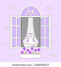 Cat at windowsill line concept. Happy domestic animal sitting at window with flowers. Cute kitty indoor at Chrismas and New Year. Comfort and coziness. Linear flat vector illustration