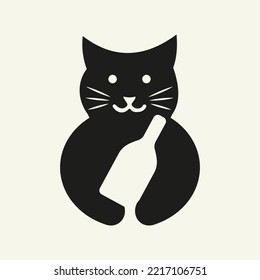 Cat Wine Bottle Logo Negative Space Concept Vector Template. Cat Holding Wine Bottle Symbol