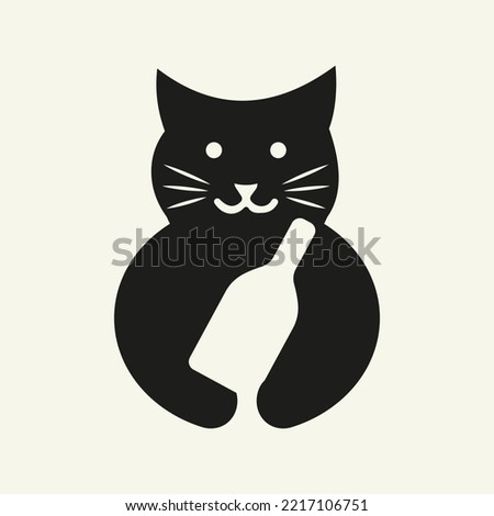 Cat Wine Bottle Logo Negative Space Concept Vector Template. Cat Holding Wine Bottle Symbol