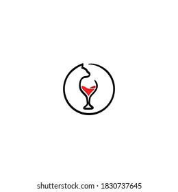 cat wine circle line design logo vector template