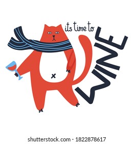Gato con letras de vino. Su tiempo para el texto del vino, frase de inspiración moderna para bar cafetería restaurante o tienda, doodle colorido afiche de cocina, vectores decorativos de postales ilustración aislada