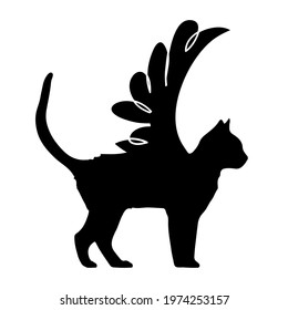 Cat with wings black silhouette, vector icon T-shirt decoration, greeting card , Tattoo