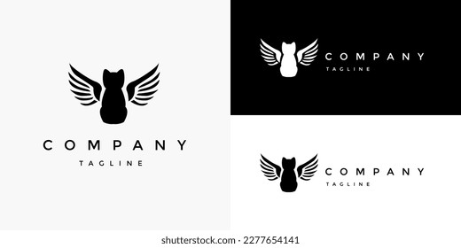 Cat with Wings Black and White Logo Design Vector Template for Brand Business Company