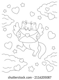 A cat with wings carries a love letter. Coloring book page for kids. Valentine's Day. Cartoon style character. Vector illustration isolated on white background.