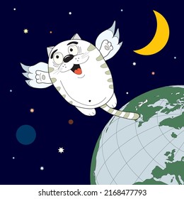 A cat with wings flies into space from the earth