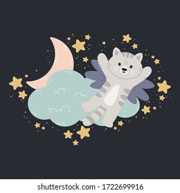 Cat with wings flies past the cloud, the moon, and stars. Dark background. Vector print for baby room, greeting card, kids and baby t-shirts and clothes, wome swear. Good night nursery illustration.