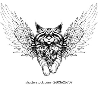 A cat with wings. Graphic portrait of a cat with wings in sketch style on a white background.