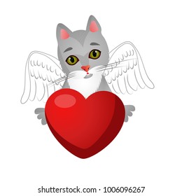 Cat with wings holds red heart. Vector illustration.