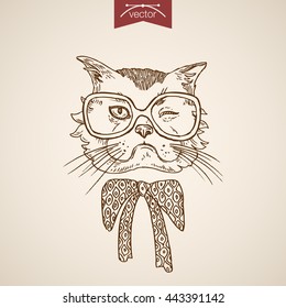 Cat wink head hipster style human like clothes accessory wearing glasses design scarf. Engraving style pen pencil crosshatch hatching paper painting retro vintage vector lineart illustration.