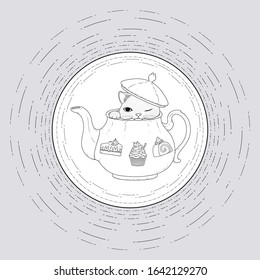 Cat winking teapot cake dessert illustration line art