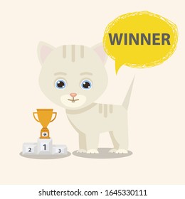 Cat winner with victory cup in  flat style illustration isolated on a white background.Kitty character first place in competition.Leadership.Victory