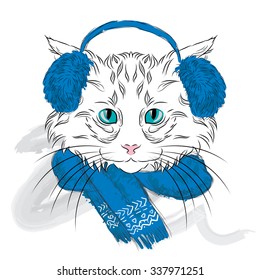  Cat in the winter clothes . Vector illustration for greeting card, poster, or print on clothes.
