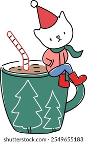 Cat in winter costume with Christmas mug cartoon