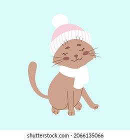 Cat in a winter hat, funny pets, vector illustration. Isolated. Flat design.