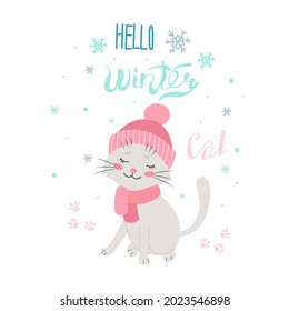 Cat in winter hat, Hello winter, vector illustration. Isolated. Flat design.