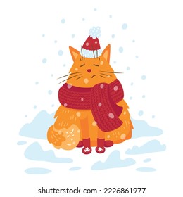 Cat and winter.  Winter holidays. Sad cat and falling snow. Funny red cat. Vector illustration