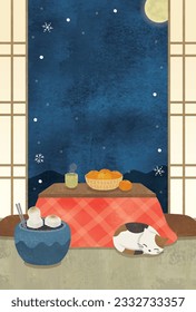 Cat in winter Japanese traditional room watercolor painting