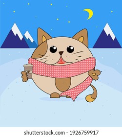 gato en invierno sobre un fondo de montaña con una taza de café. gato con una bufanda caliente.
cielo estrellado. el gato está feliz.