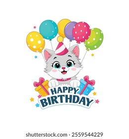 A cat wishing Happy Birthday greetings with colorful balloons and gifts vector illustration