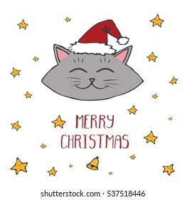 Cat wishing you Merry Christmas. Vector illustration on white background.