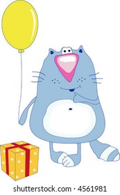 Cat witch balloon near the Present vector illustration. Fully editable, easy color change.
