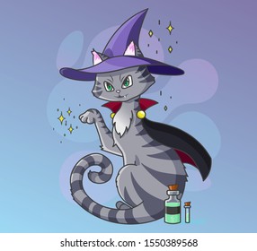Cat witch brews a potion and conjures against a purple gradient