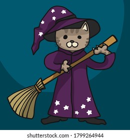 Cat witch with broom cartoon vector illustration, Halloween concept