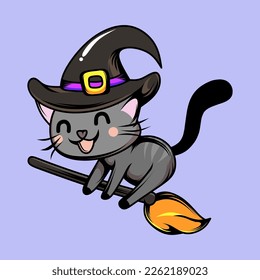 cat  witch broom fly to the moon vector