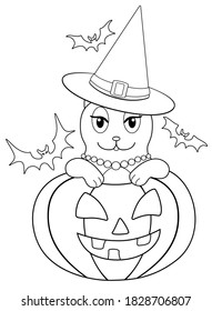 Cat - witch celebrates Halloween - vector linear illustration for coloring. Coloring page with a cat looking out of a Halloween pumpkin and bats. Cute kitten in a witch's hat. Outline.
