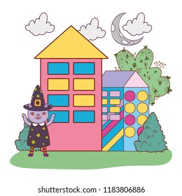 cat with witch costume wearing hat and dress in the house