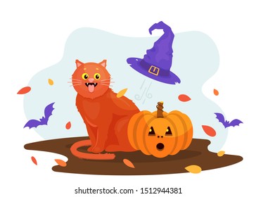 cat witch hat bat illustration white background