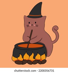cat in a witch hat brews a potion illustration