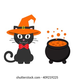 cat in witch hat and cauldron