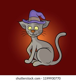 Cat with witch hat character design,cartoon style,glowing background hallloween celebration