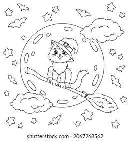 A cat in a witch hat flies on a broomstick. Coloring book page for kids. Cartoon style character. Vector illustration isolated on white background.