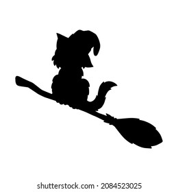 A cat in a witch hat flies on a broomstick. Black silhouette. Design element. Vector illustration isolated on white background. Template for books, stickers, posters, cards, clothes.