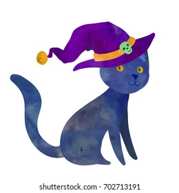 Cat with witch hat. Funny cartoon clip art illustration on isolated background. Watercolour imitation. 