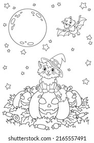 A cat in a witch hat sits on a pumpkin at night. Halloween theme. Coloring book page for kids. Cartoon style. Vector illustration isolated on white background.