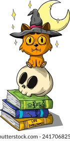 Cat in witch hat sitting on a stack of books and holding a skull, helloween collection