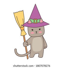 Cat in a witch hat stands and holds a broom. Cute kitty cartoon character. Vector illustration isolated on white background for stickers and design.