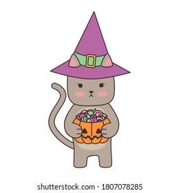 Cat in witch hat stands and holds halloween pumpkin with candies. Cute kitty cartoon character. Vector illustration isolated on white background for stickers and design.