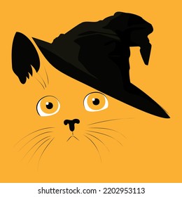 Cat in witch hat.Happy Halloween illustration with a cute cat muzzle