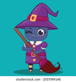 Cat witch with magic broom