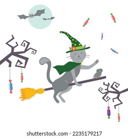 cat witch on a broomstick flies in Halloween with an owl and candy