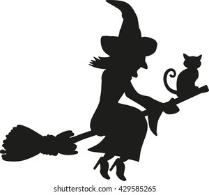 Cat and witch sitting on a flying broom