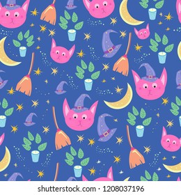 Cat witch. Vector halloween pattern. Cats, brooms, witch, star, flower, catnip.