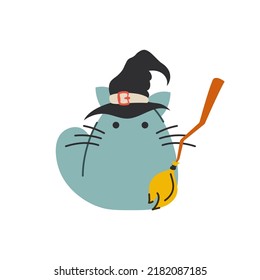 Cat in a witch's hat with a broom for Halloween greeting card and poster, party sign. Concept illustration with Sign and symbol. Flat design cartoon element. Vector illustration.